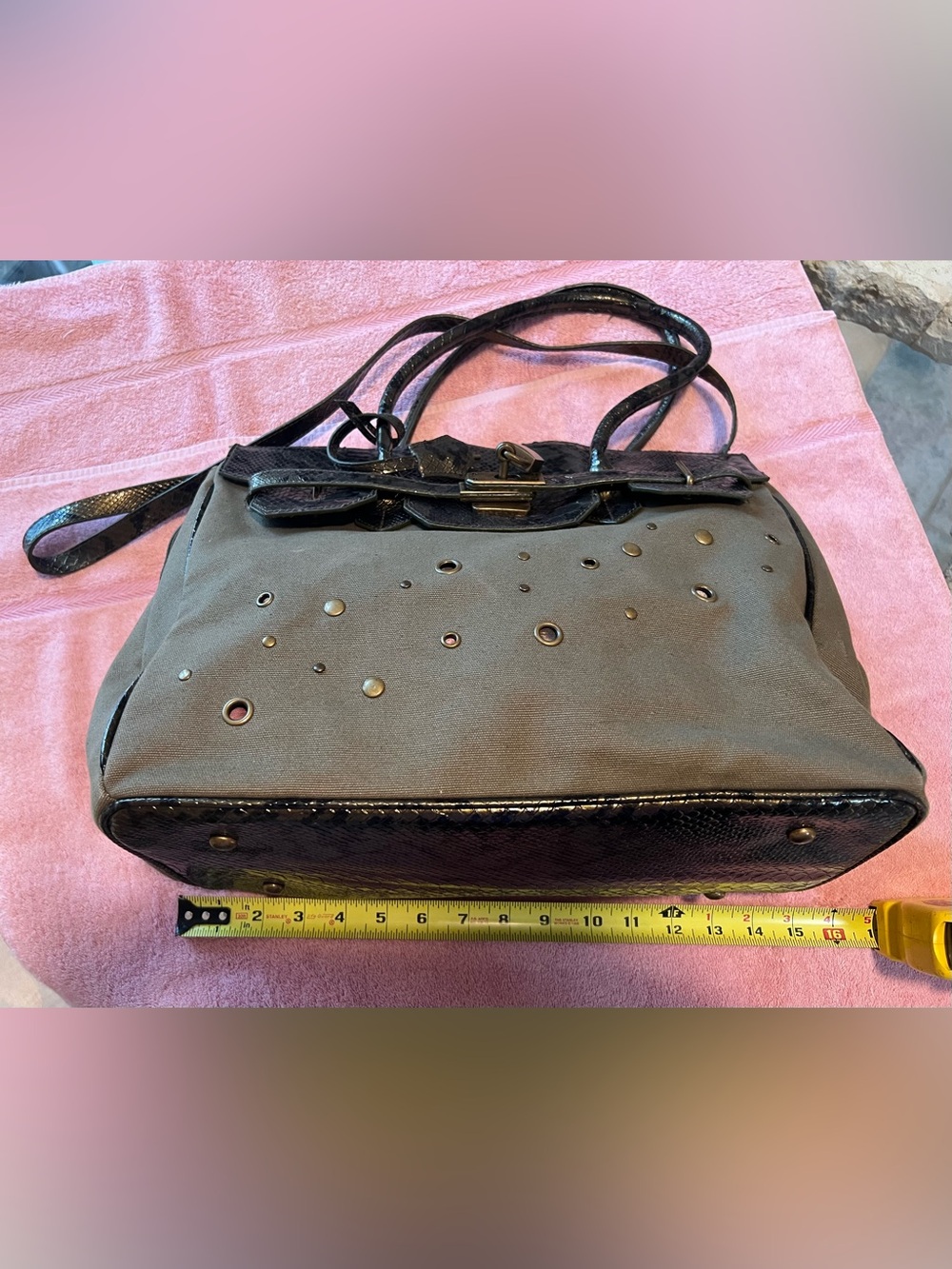 Cache’ Womens Olive Canvas Tote Bag with Black Trim and Stud Accents